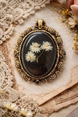 Vintage 1970s Black Resin Pressed Flower Brooch Pendant Ornate Gold Tone